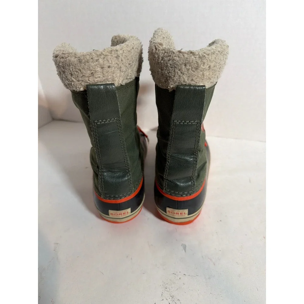 Sorel Yoot Pac Nylon Waterproof Winter Boots Olive Green Orange NY1879-347 Sz 5